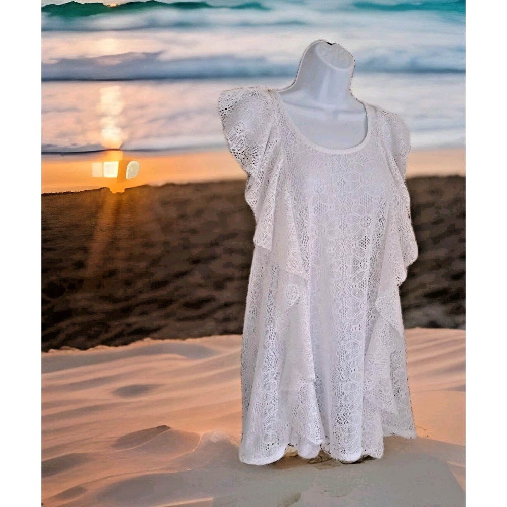 Lily Bleu Beach Swim Cover Up L‎ White Crochet Lace Ruffled Accents Bohemian